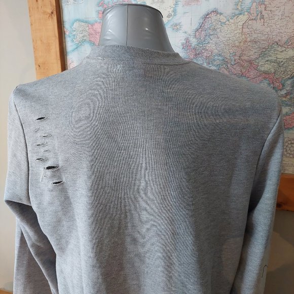 AMNESIA men's long sleeved solid grey distressed sweatshirt size Large - Picture 4 of 13